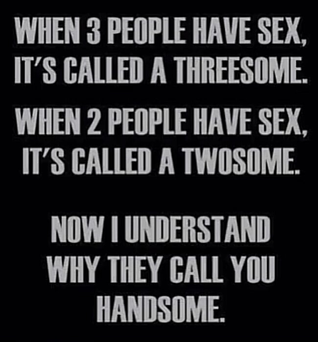 Textbild med ett skämtsamt ordspel om tre och två personer och termen "handsome".