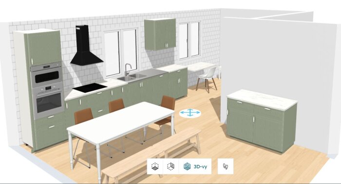 3D-ritning av ett kök med gröna skåp, diskbänk, ugn och fläkt. Ett matbord med stolar och en bänk är placerade i rummet.