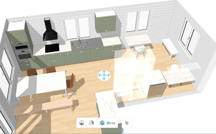 3D-illustration av ett kök med gröna skåp, en rostfri diskbänk och ett matbord med stolar. Vinkeln mot ett arbetsrum syns.