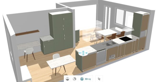 3D-ritning av ett kök med öppen planlösning, inklusive integrerade vitvaror, diskbänk, höga skåp och matplats.