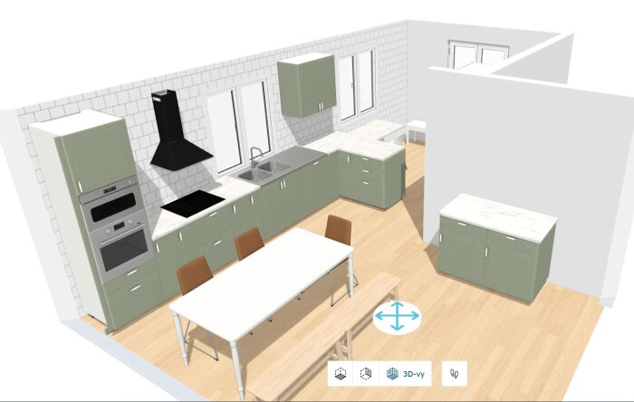 3D-vy av ett vinklat kök med gröna skåp, rostfri diskbänk och träbänkskiva, matplats med stolar och bänk, samt svart köksfläkt.