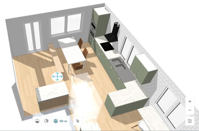3D-planlösning över ett kök med L-format kök, rostfri diskbänk, träbänkskiva och matplats med bord och stolar, samt fönster ovanför diskbänken.