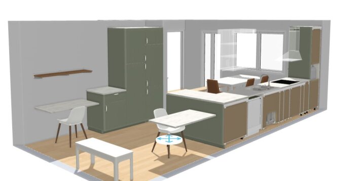 3D-design av kök med vinkel, bord, stolar, skåp och fönster ovanför diskbänken. Visar olika layoutalternativ.