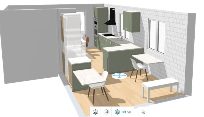 3D-modell av ett kök med gröna skåp, vit diskbänk, träbänkskiva, vinklad layout, bord och stolar, samt planerat fönster ovanför diskbänken.