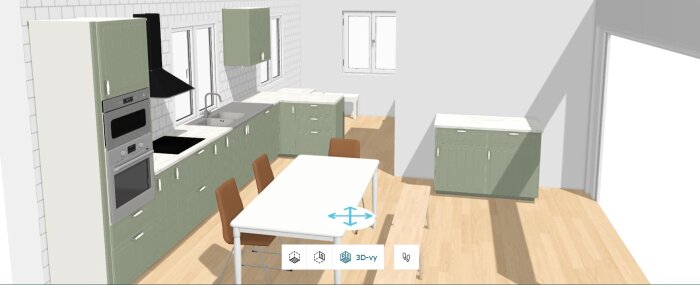 3D-ritning av kök med gröna skåp, vit bänkskiva, diskho, inbyggd ugn och köksfläkt, samt matbord med stolar. Fönster ovanför diskbänk.
