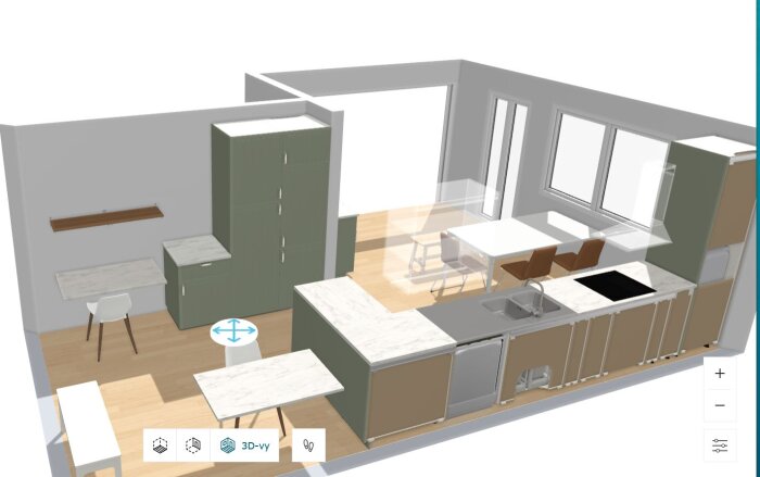 3D-köksdesign med vinklad bänkskiva, inbyggd diskmaskin, och matplats intill fönster. Grönt skåp och vitbänkskiva i trä och rostfritt stål.