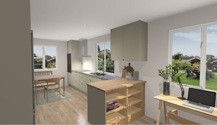 3D-illustration av ett modernt kök med vinkel, rostfri diskbänk och träbänkskiva. Utsikt genom fönster visar grönskande trädgård.