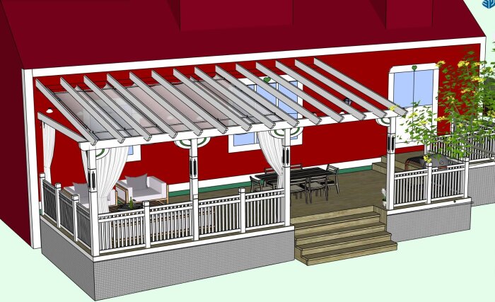 Pergola konstruktion över en uteplats med soffgrupp och matbord, mot en röd husvägg, diskuterar längd och skuggning över fönster.