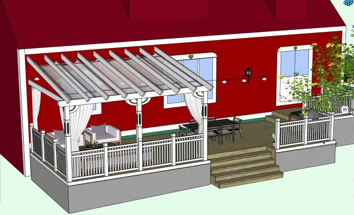 Pergola med tak över uteplats, soffgrupp och matplats, bredvid rött hus med stora fönster och trappa.