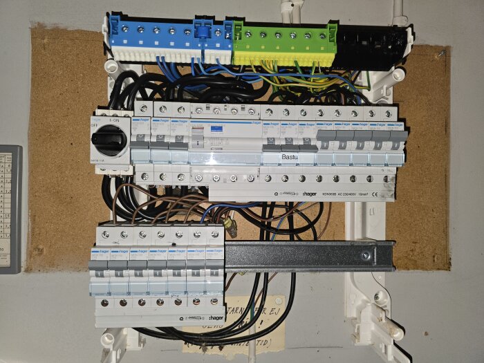 Elcentral i bastustuga med olika brytare och säkringar, kablar inkopplade, diskuteras elfel i bastun.