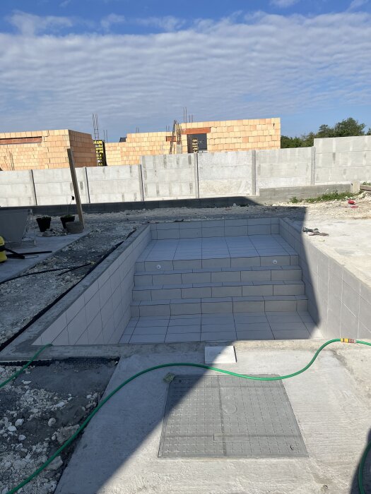 Nyinstallerad kakeltrappa i en utomhuspool under konstruktion, omgiven av byggmaterial och blockväggar.
