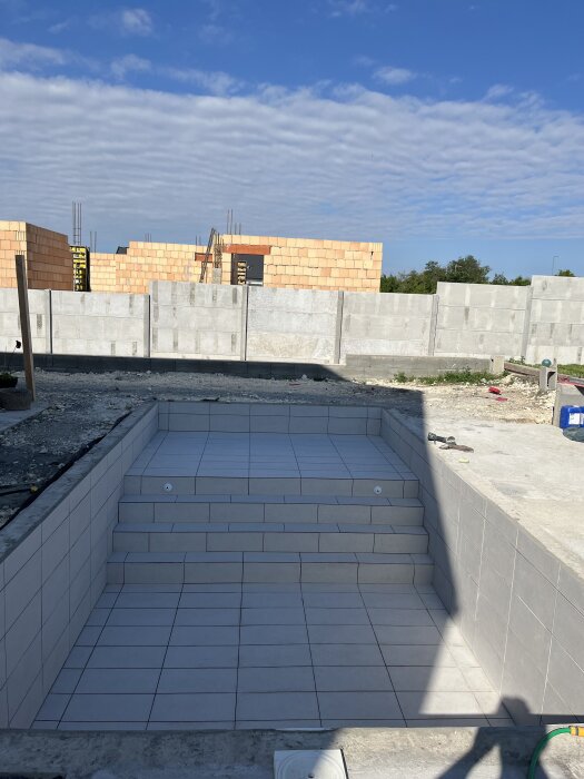 Pool med ny kakling i utomhusmiljö, tegelväggar i bakgrunden.