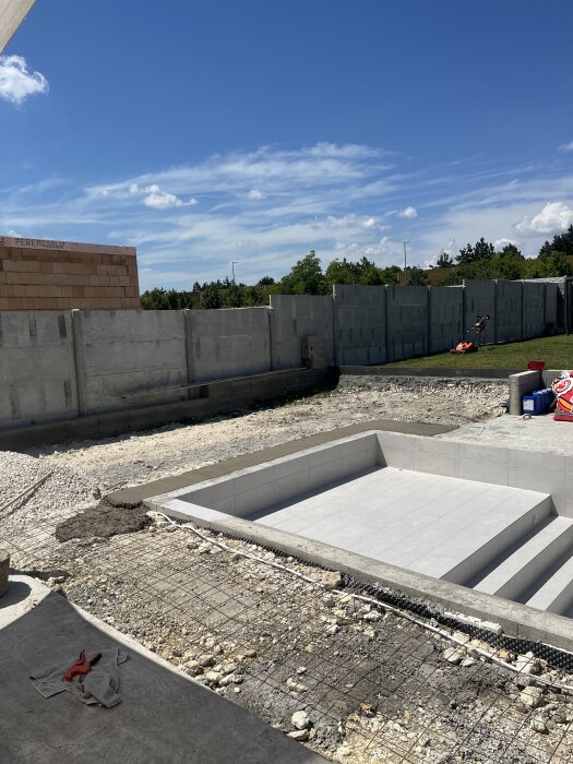 Markarbete runt en nästan färdig pool med nät och jord, förberedelser för plattsättning. Bakgrund: mur, gräsmatta och byggnad.
