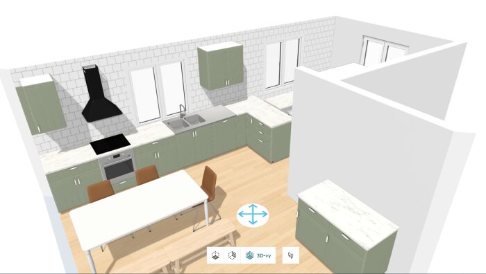 3D-planering av kök med gröna skåp, en bänkspis, ugn, och diskbänk under fönster. Bord och stolar i mitten, ljus trägolv.