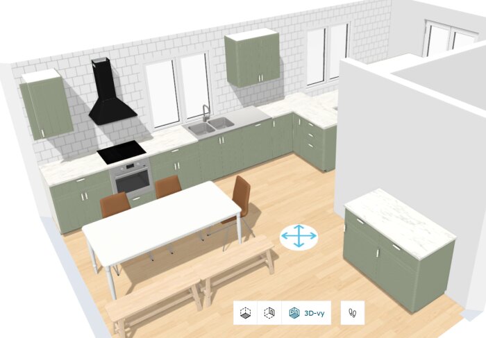 3D-design av ett kök med gröna skåp. Inbyggd ugn, spishäll, diskbänk under fönster, och vit bänkskiva. Matbord och stolar i mitten.