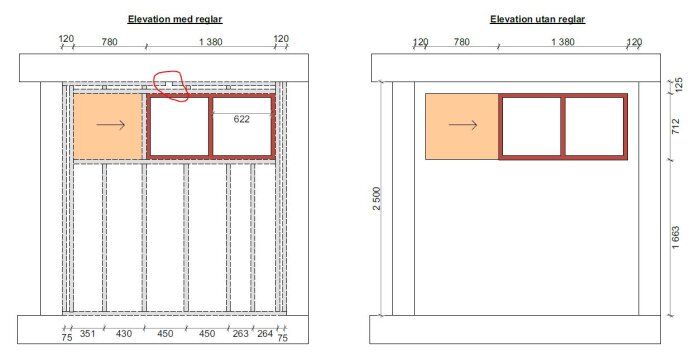 Ritning av innervägg med fönsterparti, mått och reglar markerade. Inkluderar sektioner med och utan reglar, samt markerad fönsterplacering.