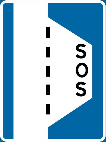 Skylt som markerar en SOS-ficka längs en väg, används som nödstoppområde.