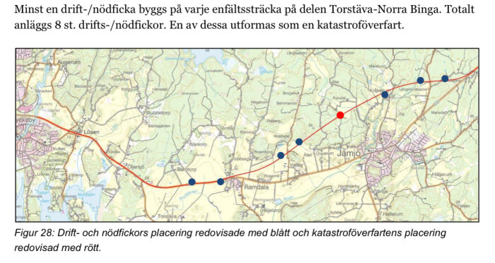 Karta över Torstäva-Norra Binga med markerade drift-/nödfickor i blått och katastroföverfart i rött längs en vägsträcka.