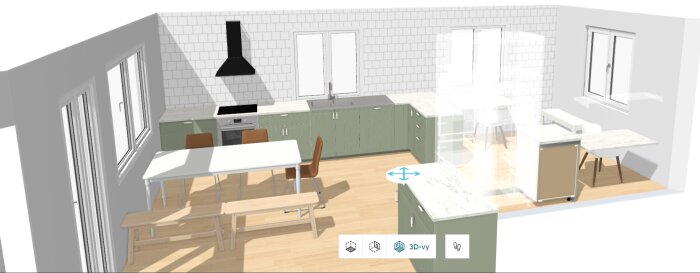 3D-rendering av ett modernt kök med gröna underskåp, vit bänkskiva, spis, diskho och matbord med stolar.
