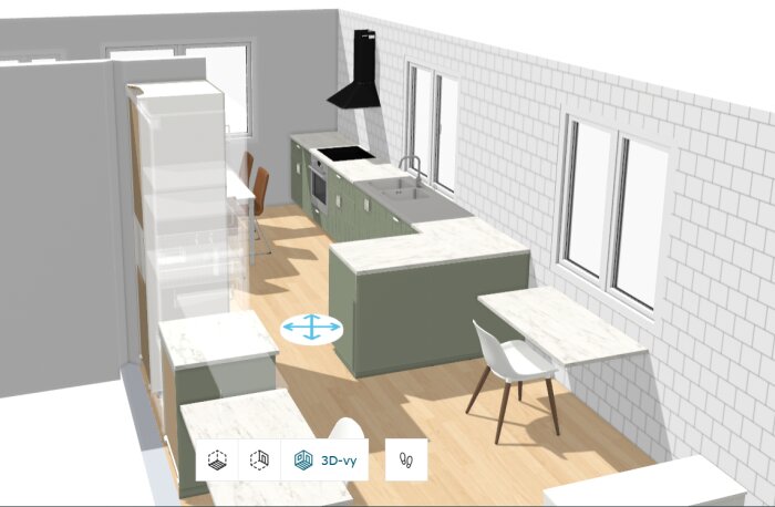 3D-ritning av ett kök med grön köksinredning och vita marmorytor, inkluderar överskåp, diskho och spis.