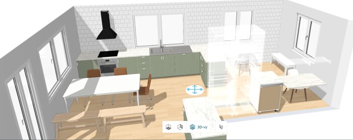 3D-modell av ett kök med gröna skåp och spis, bord med stolar och två fönster som släpper in ljus på vänster sida.