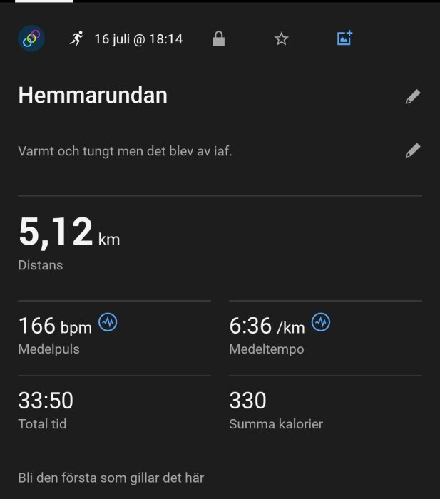 Träningspassdata för löptur: 5,12 km, medeltempo 6:36 min/km, medelpuls 166 bpm, total tid 33:50, förbrukade kalorier 330.