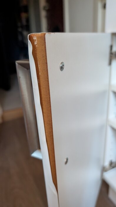 Dörrkant på ett skåp med synligt trä och bubbla i lacken.