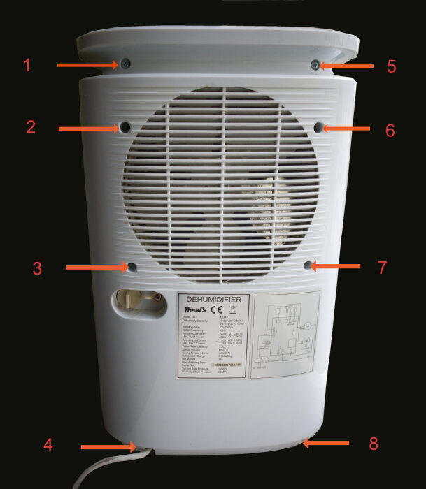 Vit avfuktare sedd bakifrån med skruvmarkeringar och gallret för fläkten synligt. Strömkabeln löper ut från botten.