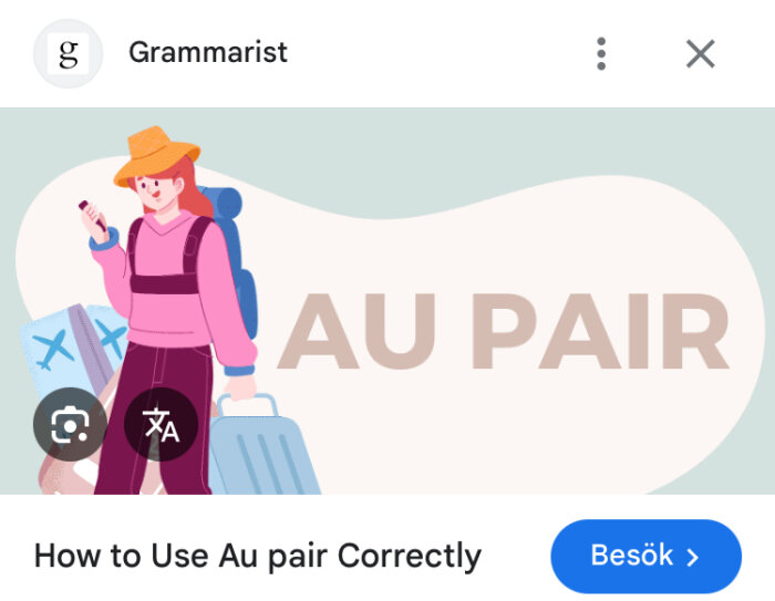Illustration av en person med resväskor och en mobil framför texten "AU PAIR".