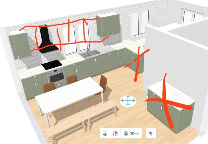 3D-ritning av ett kök med skåp och bänkskiva, markerade ändringar i rött, inklusive överskåp och alternativa placeringar för köksmöbler och vitvaror.