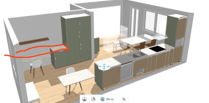 3D-rendering av kök med skåp, bänkskiva och spis; diskussion om placering av skåp och bänkskiva samt integrering av kyl och frys.