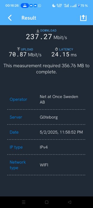 Screenshot av internethastighetstest med 237,27 Mbit/s nedladdning, 70,87 Mbit/s uppladdning och 24,15 ms latens. Operatör: Net at Once, server: Göteborg.