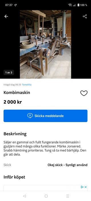 Gammal kombimaskin i gjutjärn med flera funktioner står i ett garage. Märke: Jonsered.