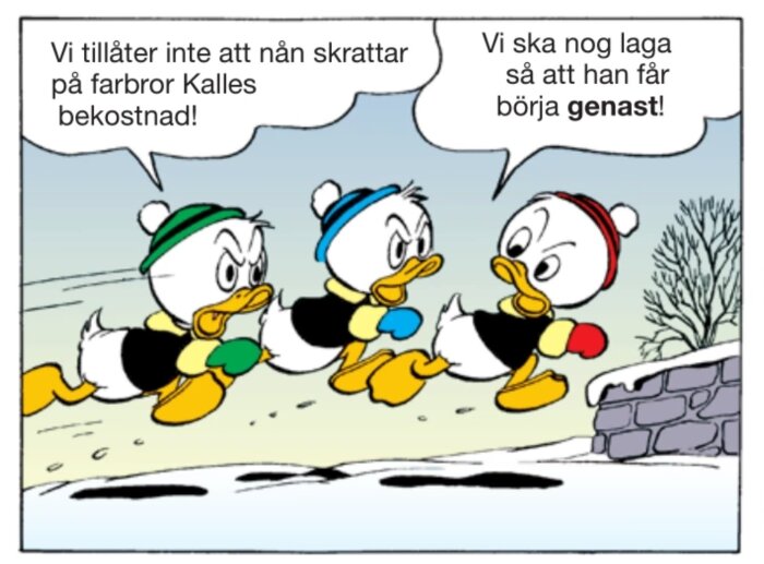 Animerade ankor med färgglada mössor springer och pratar om att hjälpa farbror Kalle. Snöig bakgrund med trädgrenar.