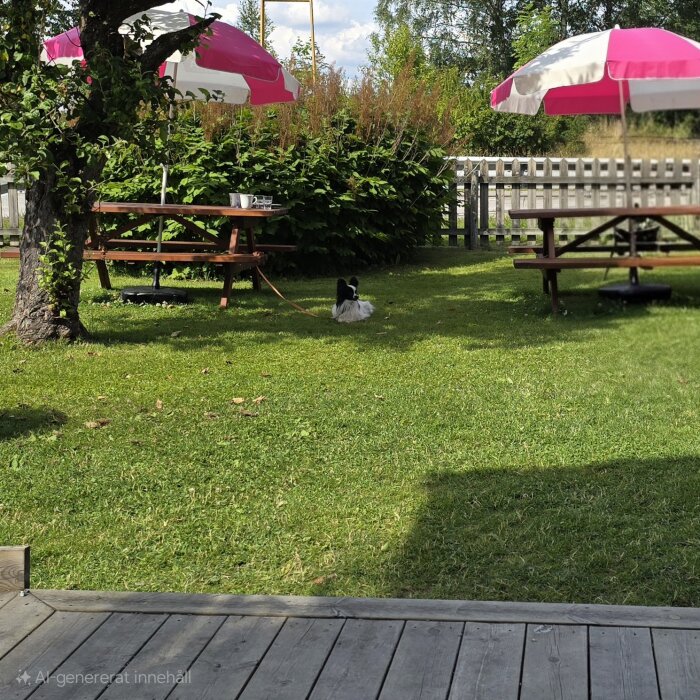 Hund som ligger på gräsmatta bredvid picknickbord med parasoll.