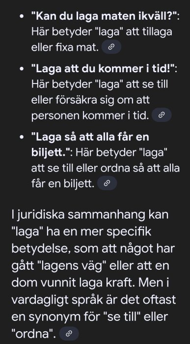 Text som beskriver olika betydelser av ordet "laga" i svenska språket, inklusive exempelmeningar och juridiska tolkningar.