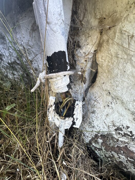 Trasig kabel med borttaget lock och exponerade ledningar nära en vit vägg, delvis insvept i isolering, omgiven av gräs.