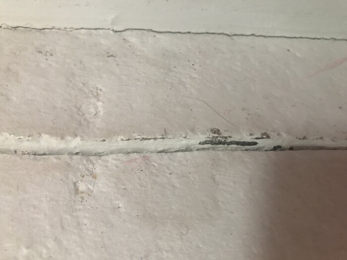 Svarta missfärgningar och upphöjda brädor på vitt golv i sovrummet, som tyder på fuktskada i sommarstuga.