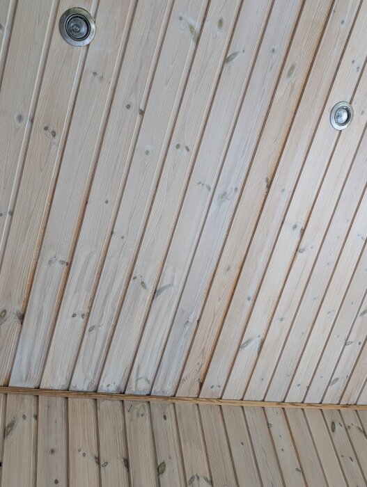 Ljust träpaneltak med infällda spotlights i ett uterum.