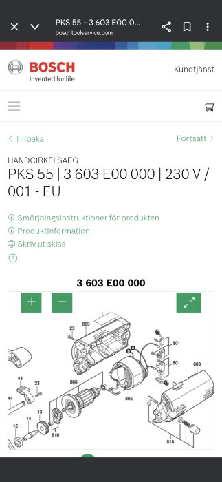 Explosionsritning av Bosch handcirkelsåg PKS 55, visar delkomponenter och reservdelar med nummer, inklusive del 801.