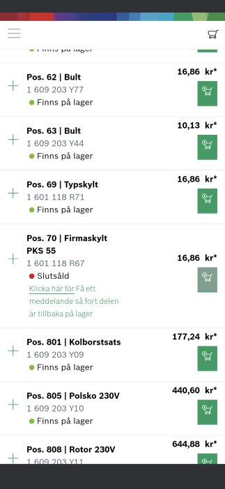 Skärmbild av en reservdelslista för Bosch PKS 55 med artikelnummer och lagersaldo, där del 801 är tillgänglig för 177,24 kr.