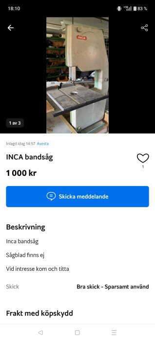 Inca bandsåg utan sågblad på ett arbetsbord i en verkstadsmiljö.