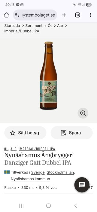 Flaska av Danziger Gatt Dubbel IPA från Nynäshamns Ångbryggeri, 330 ml, 9,3% vol, finns på Systembolaget.