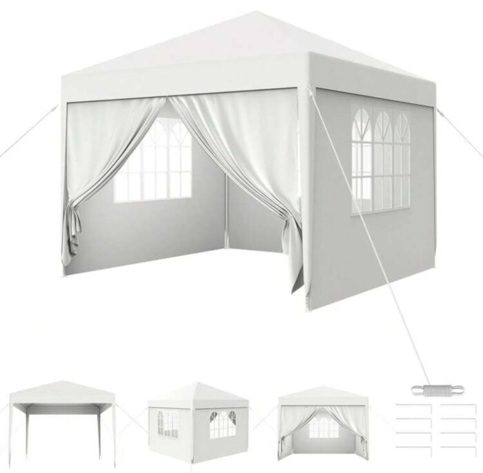 Vit trädgårdspaviljong med väggar och fönster, uppställd med öppna gardiner.