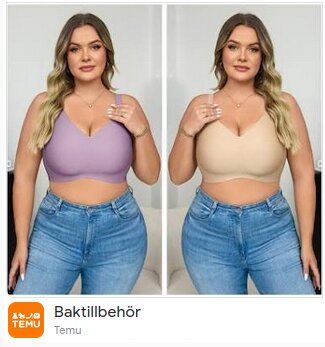 Kvinna i jeans och linne står inomhus framför en vit bakgrund, en bild visar lila linne och den andra beige.