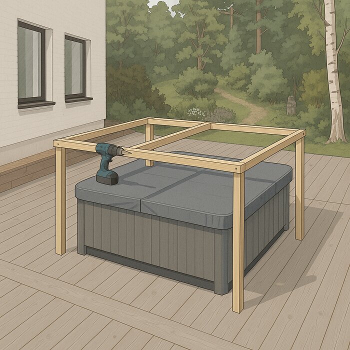 Träram över en utomhusbadkar med borrmaskin ovanpå, stående på en träterrass nära ett hus, omgiven av träd och natur.