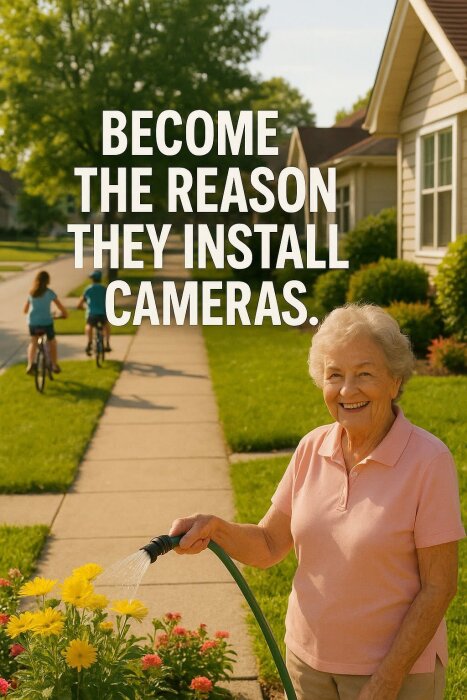 Äldre kvinna vattnar blommor med slang i en förort, barn cyklar på trottoaren, text säger "Become the reason they install cameras.