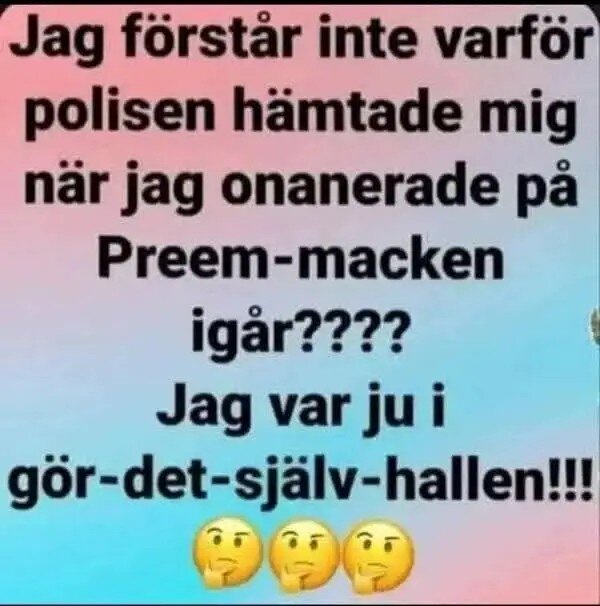 Text om ett missförstånd på en Preem-mack med humoristisk ton och tänka-emoji.