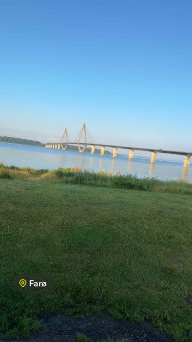 Vy över Farø-bron över vattnet, sedd från en grönska i förgrunden under en klar himmel.