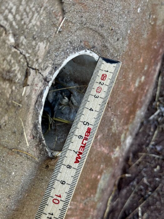 Hål i torpargrund med en linjal bredvid för att mäta storleken, visar diametern på 70mm av rör som behöver ventilationslösning för att undvika skadedjur.